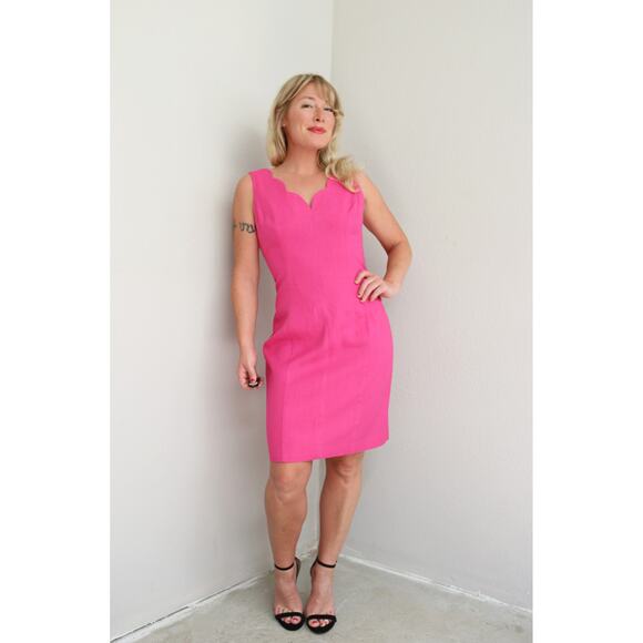 1990's Vintage Moda Int'l Scalloped Linen Cocktail Dress Women's MD 8 10 Sheath - Picture 8 of 10